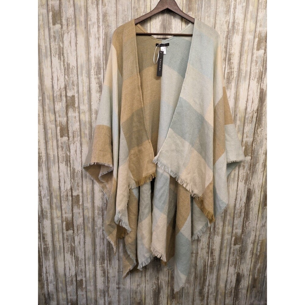 Tahari Womens Poncho Fringed Plaid Blue Brown Layering Shawl Boho Chic NWT